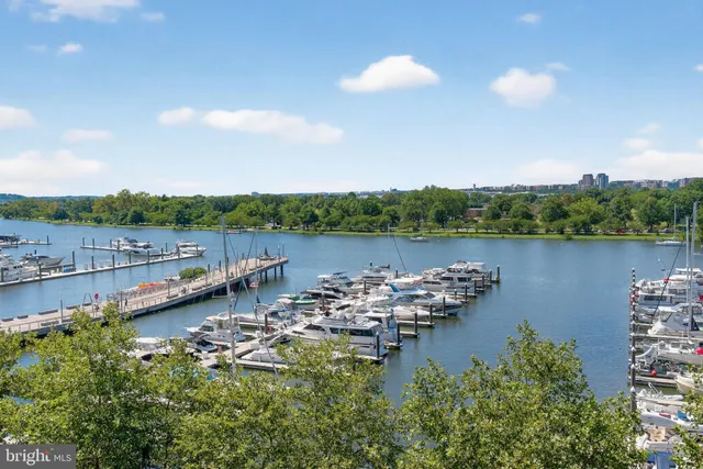 a view of a lake with houses in the back