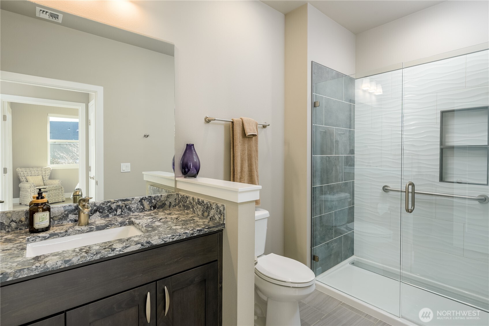 621 Jones Farm Road Sequim, WA 98382 - Photo 23 of 40 a bathroom with a granite countertop sink toilet and shower