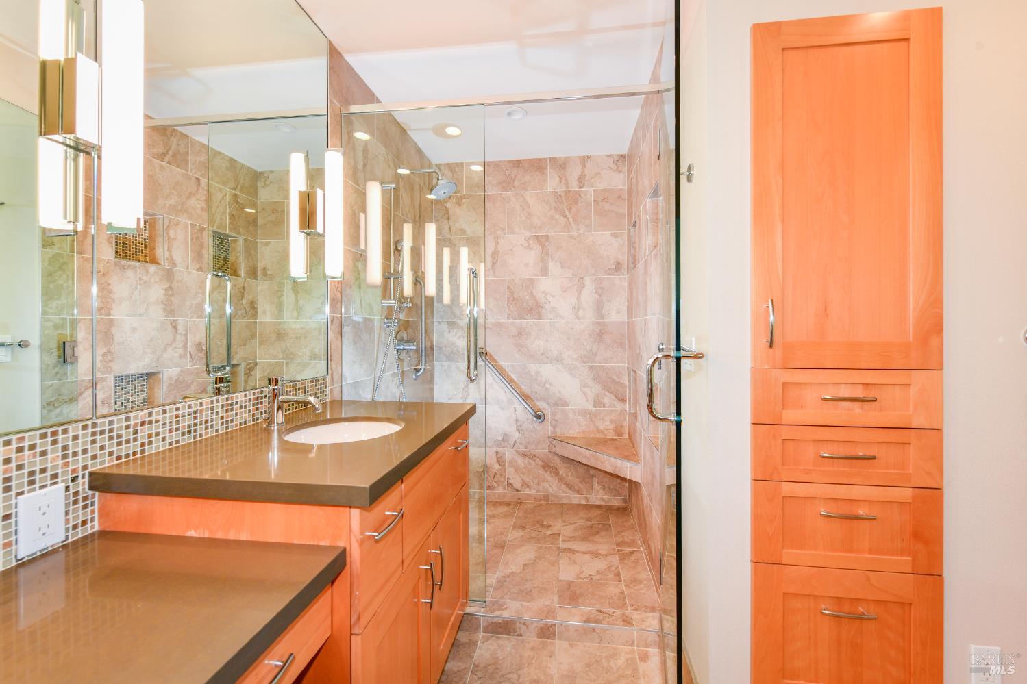 22 Monez Boulevard Napa, CA 94559 - Photo 18 of 30 a spacious bathroom with a granite countertop sink a mirror and a shower
