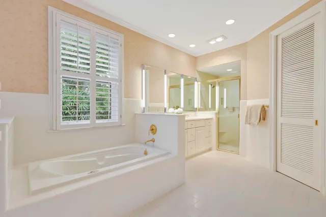 a bathroom with a bathtub and a shower