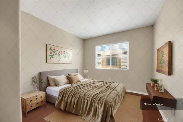 a bedroom with a bed two lamps with a window