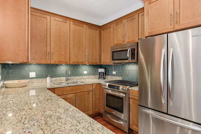 2118 West Rice Street, Unit 2 Chicago, IL 60622 - Photo 9 of 22 a kitchen with stainless steel appliances granite countertop a refrigerator stove top oven and sink