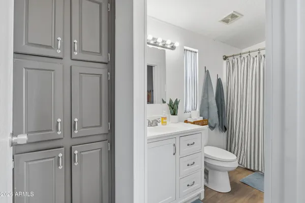 a bathroom with a sink a toilet and mirror