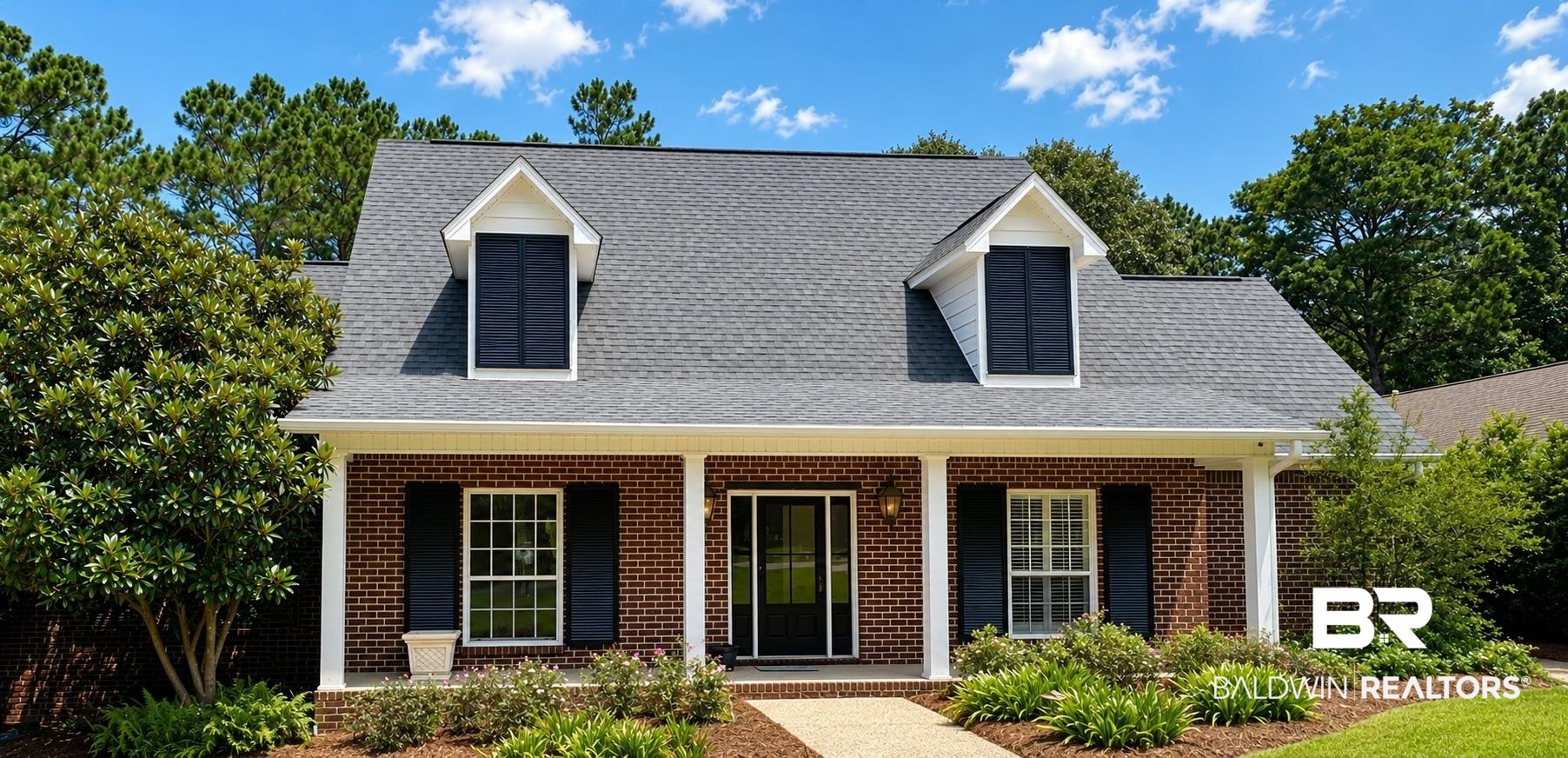 103 Raphael Semmes Drive East Spanish Fort, AL 36527 - Photo 1 of 9 Traditional brick-front home featuring a covered porch with white columns, dormer windows, dark shutters, and a gray shingle roof