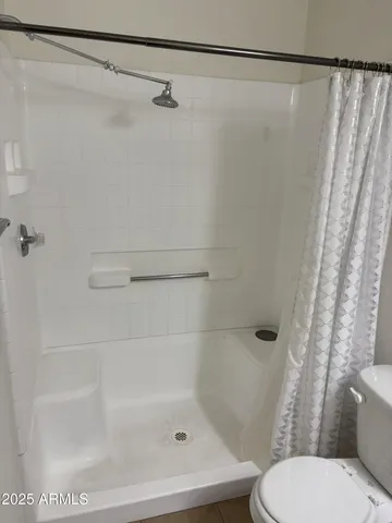 a bathroom with a shower and a toilet