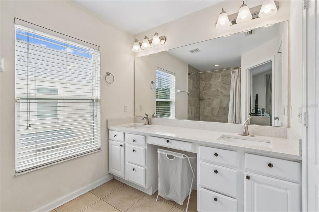26527 Castleview Way Wesley Chapel, FL 33544 - Photo 25 of 45 a bathroom with a sink vanity granite tub and a mirror