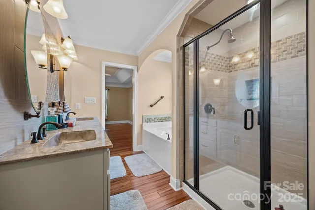 a bathroom with a tub shower vanity and a sink