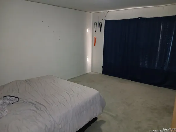 a bed room with a bed and a shower