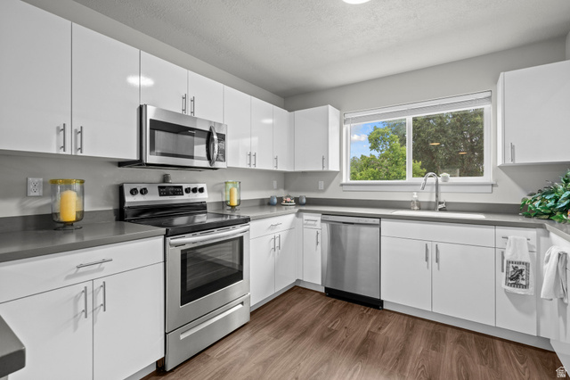 64 West 600 South, Unit C205 Springville, UT 84663 - Photo 1 of 28 Kitchen featuring stainless steel appliances, white cabinets, dark wood-style floors, and a textured ceiling