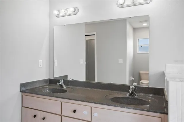 a bathroom with a sink a toilet and a mirror
