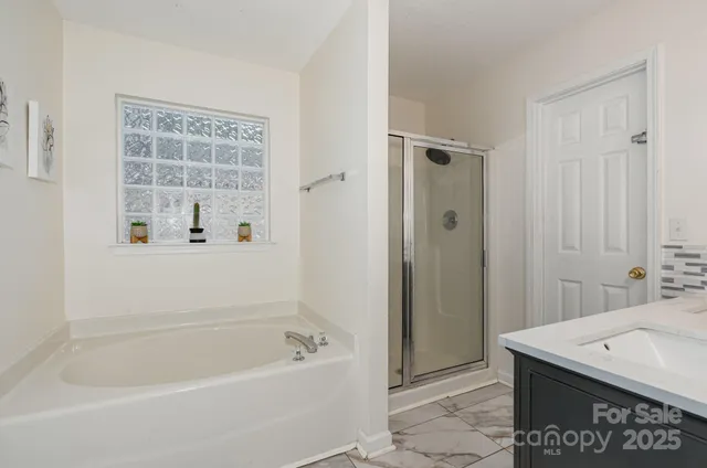 a bathroom with a bathtub a shower a sink and a mirror