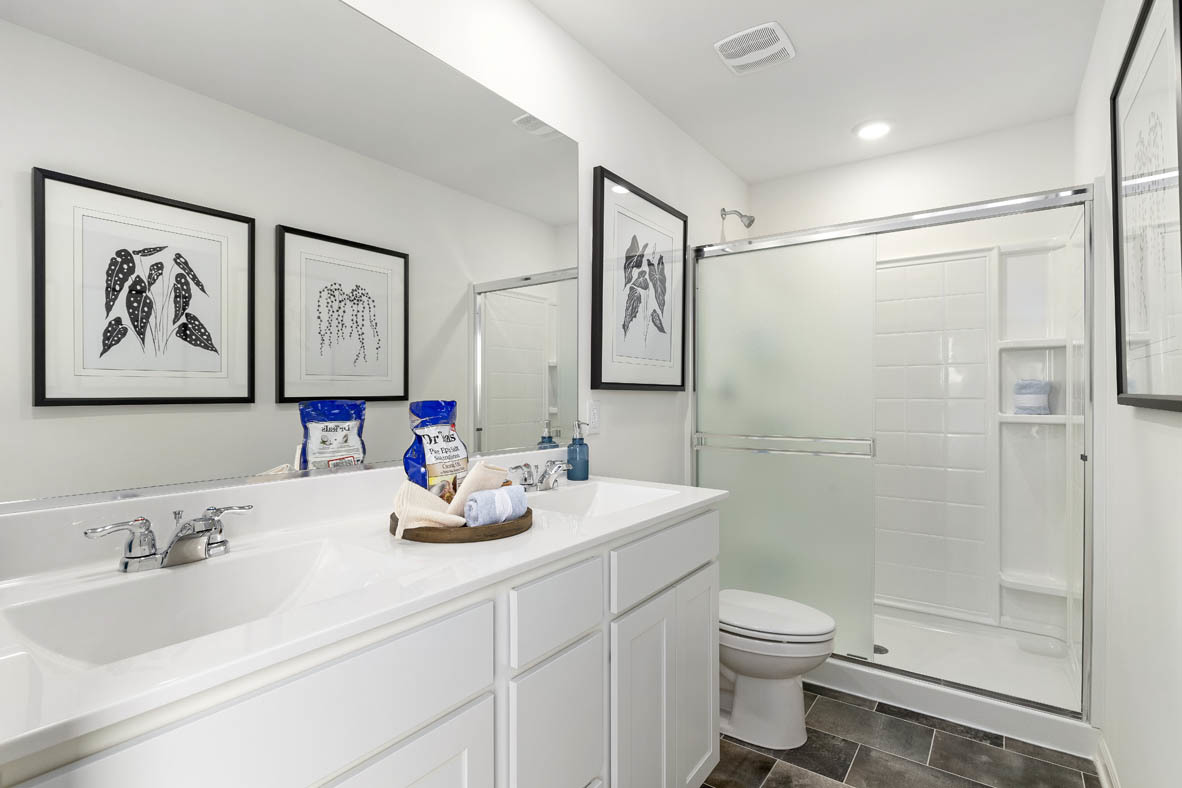 2241 Sassafras Way, Unit F Wonder Lake, IL 60097 - Photo 21 of 46 a bathroom with a double vanity sink toilet and shower