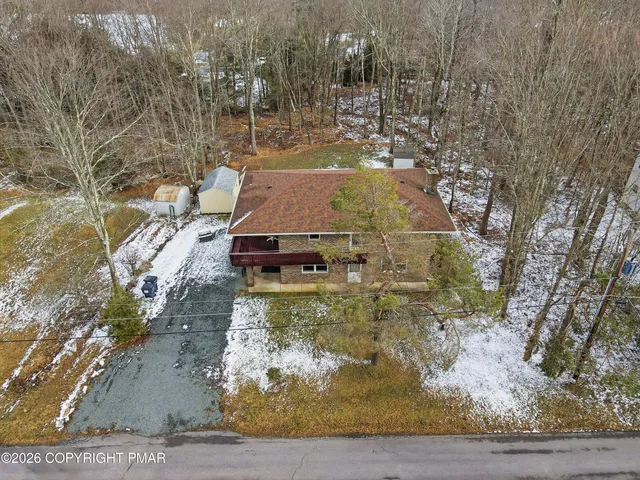 a view of a dry yard with green space