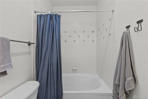 a bathroom with a shower and a toilet