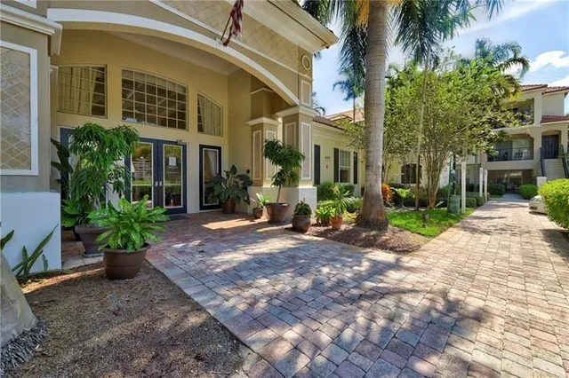 a view of a yard with plants and trees