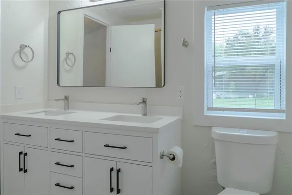 a bathroom with a sink a toilet and a mirror