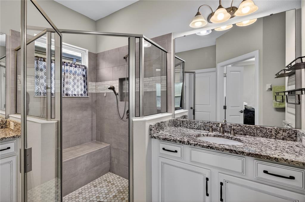 1284 Zeek Ridge Street Clermont, FL 34715 - Photo 19 of 35 a bathroom with a granite countertop sink a mirror and shower