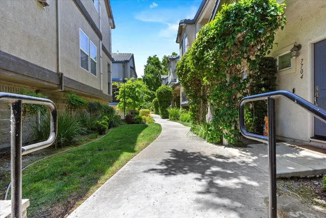 a view of a chair and table in the garden