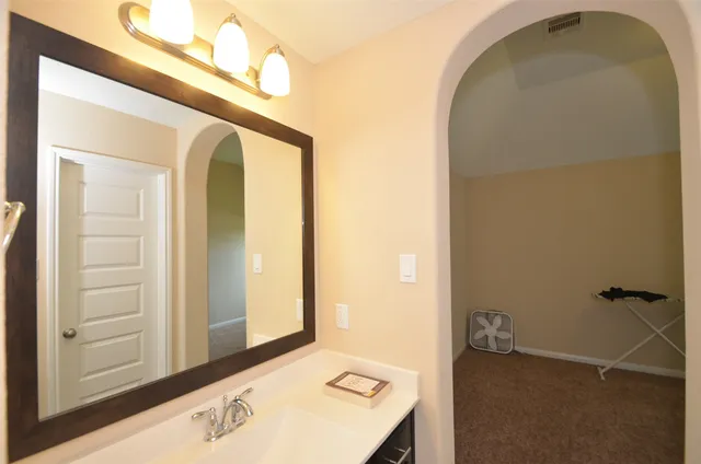 a bathroom with a sink and a mirror