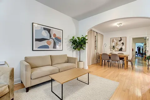 a living room with furniture potted plant and a table