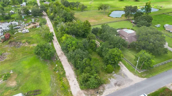 a view of a green yard with large trees