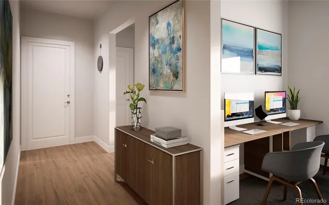 a view of workspace with wooden floor windows