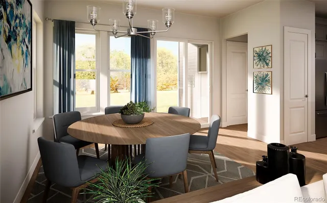 a view of a dining room with furniture window and outside view