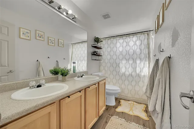 a bathroom with a sink toilet double vanity and shower