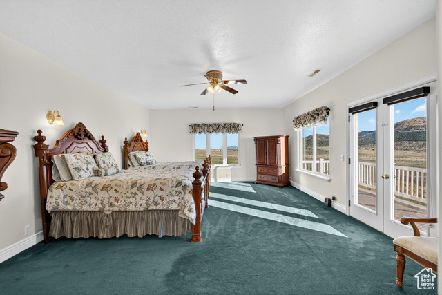 4768 East Hickman Canyon Road Stockton, UT 84071 - Photo 35 of 85 Bedroom featuring access to outside, carpet, french doors, and a ceiling fan.