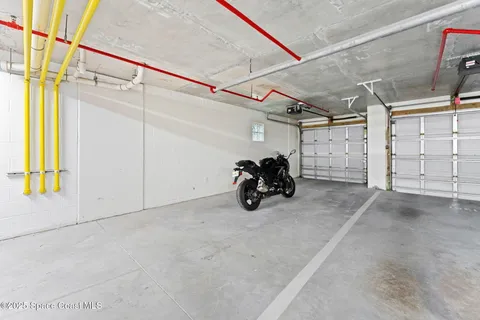 a view of a garage with storage