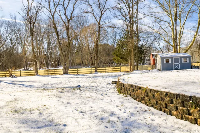 a street view covered with snow and trees