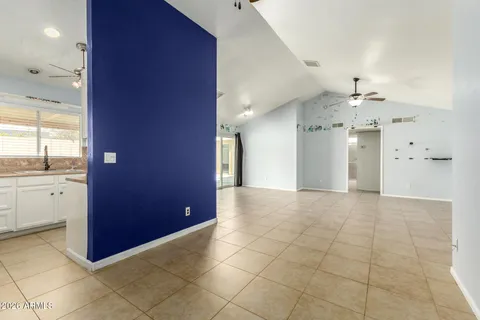 a view of a kitchen with a chandelier