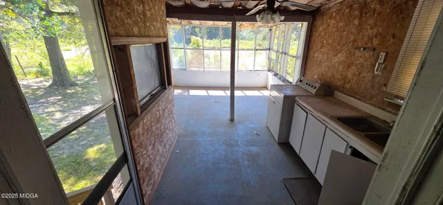 a view of a kitchen from the window