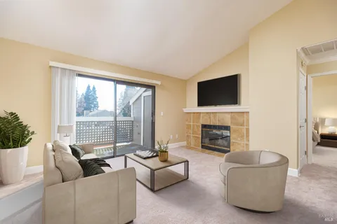 a living room with furniture a fireplace and a flat screen tv