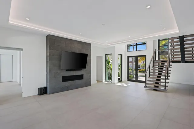 a view of a swimming pool with a bench