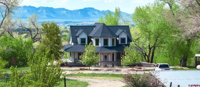 a aerial view of a house with a yard and table and chairs under an umbrella