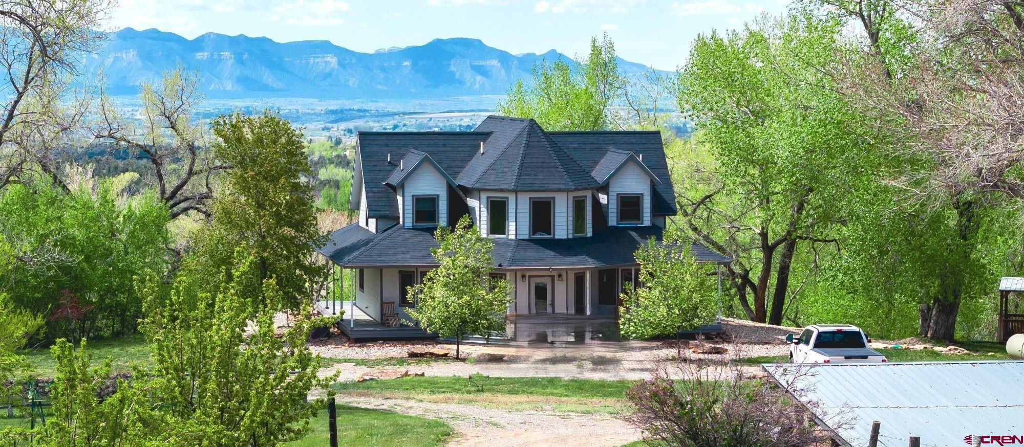 a aerial view of a house with a yard and table and chairs under an umbrella