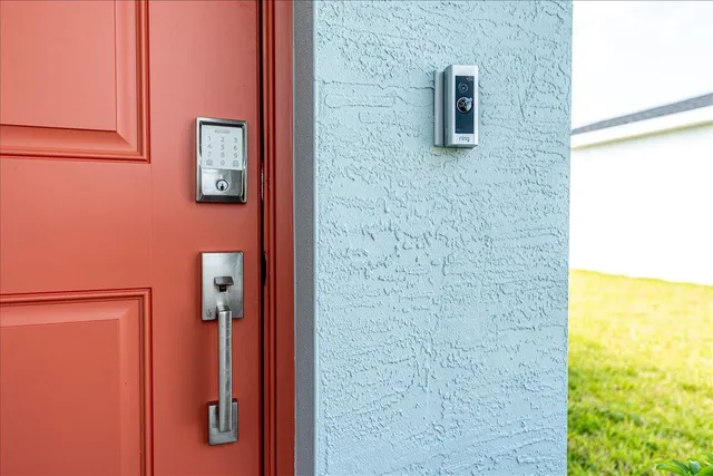 a front view of a house with a chandelier