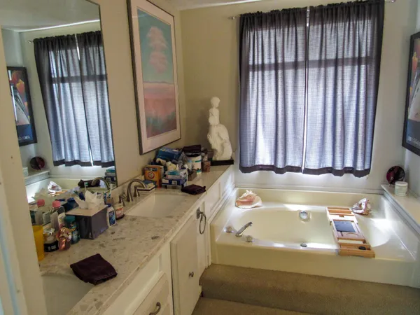 a bathroom with a tub sink and mirror