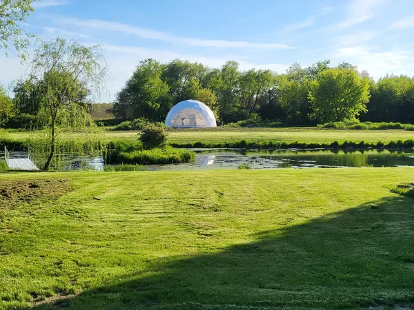 a view of a lake from a yard