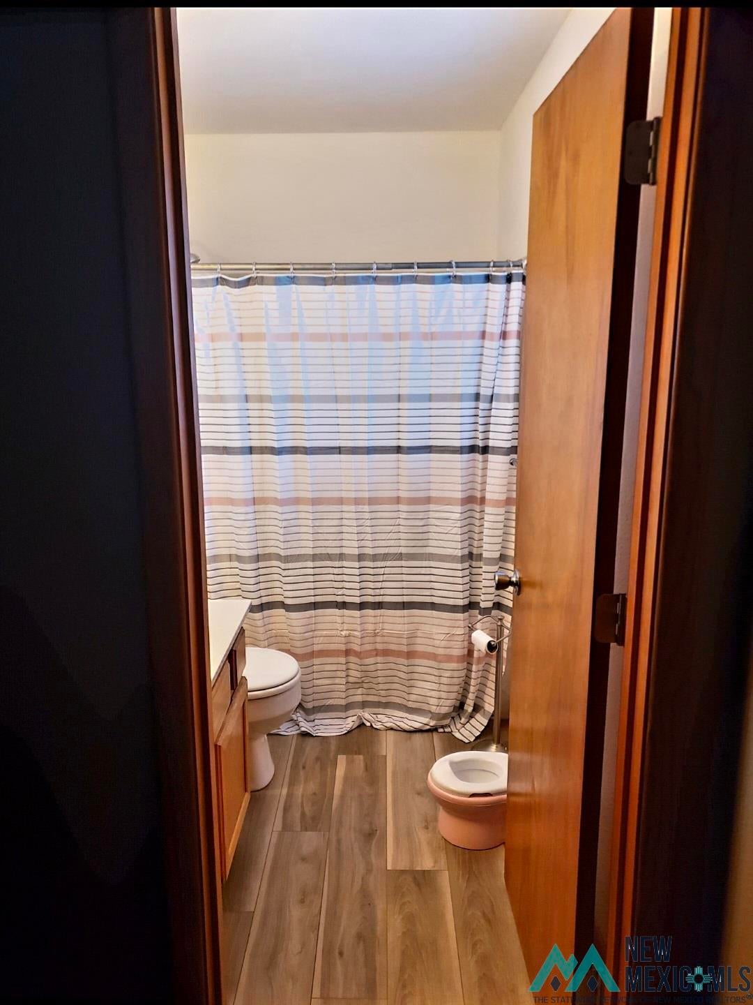 1375 Brilliant Street Raton, NM 87740 - Photo 13 of 19 Bathroom featuring vanity, light wood finished floors, and a shower with curtain