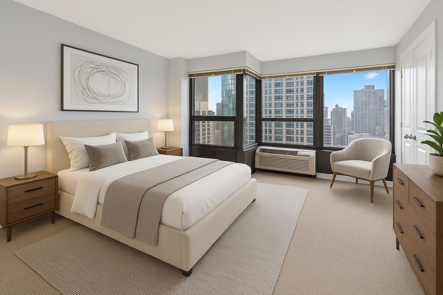 30 East Huron Street, Unit 3602 Chicago, IL 60611 - Photo 10 of 15 a bedroom with a bed a chair and next to a window