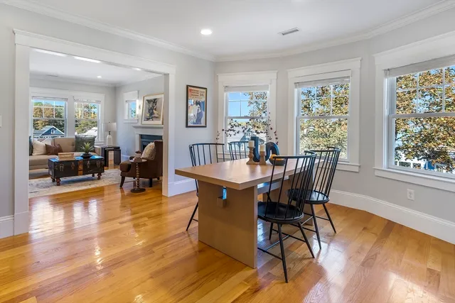 a view of a dining room with furniture window and wooden floor