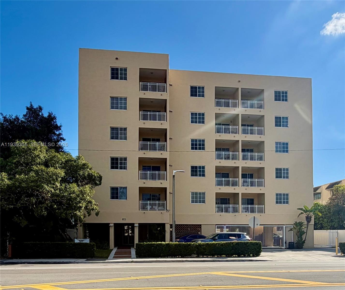 a front view of a multi story building