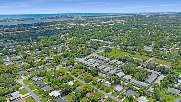 a view of a city with lush green forest