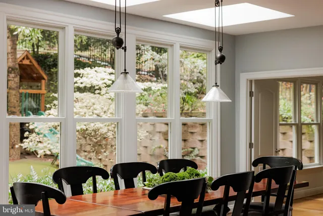 a view of a dining room with furniture window and outside view