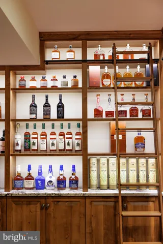 a room with wooden shelves