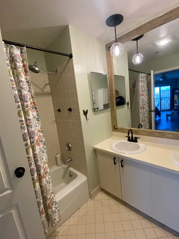 a bathroom with a tub sink and mirror