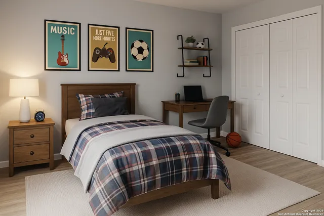 a bedroom with a bed and furniture