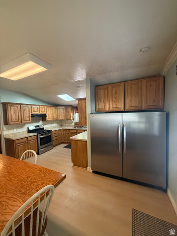 541 300 North Provo, UT 84606 - Photo 20 of 36 Kitchen featuring wood cabinetry, stainless steel appliances, light wood-finish flooring, and a skylight